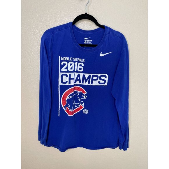 Nike‎ Mens Cubs World Series Champs 2016 Long Sleeve Tee XL Blue Athletic Cut - Picture 2 of 5